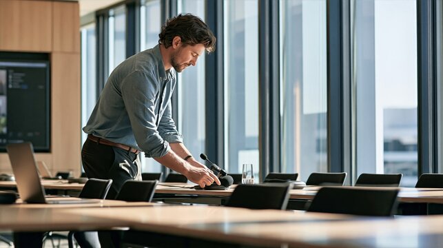 Office Coordinator Setting Up a Tabletop Microphone in a Bright Conference Room