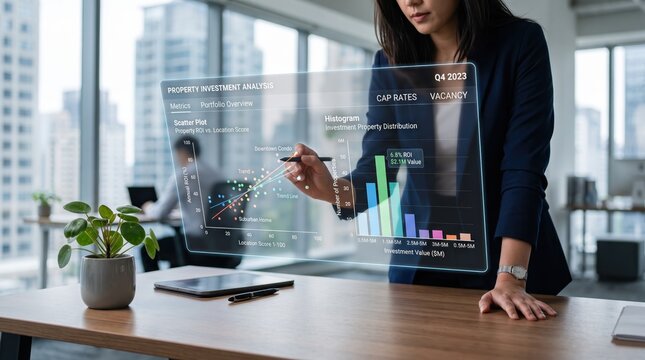 Businesswoman interacting with transparent holographic property investment analysis dashboard displaying scatter plots and histograms in modern high rise office setting