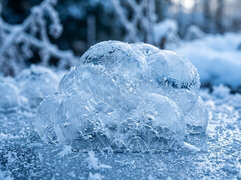 Stunning frozen soap bubbles with intricate crystal patterns glistening in cold winter light for seasonal design and holiday greeting projects.