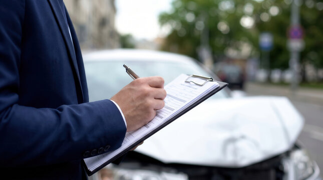 Insurance adjuster in a suit writing on a clipboard at the scene of a car accident on a city street