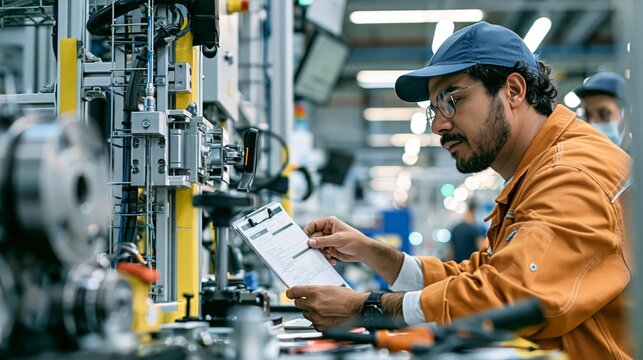 Industrial Worker Inspecting Machinery with Safety Checklist