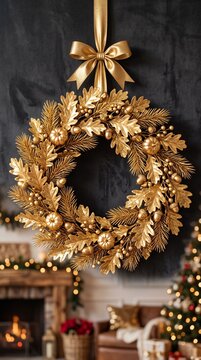 Luxury Golden Metallic Autumn and Christmas Wreath with Ribbon, Oak Leaves, Pine Needles, and Small Pumpkins Hanging on Wall