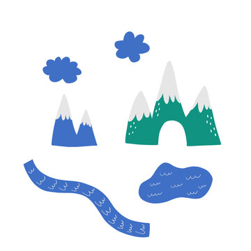 Hand drawn mountain landscape with snowy peaks, blue clouds, winding river and green mountain arch. Simple colorful outdoor illustration with playful shapes, isolated on a white background.