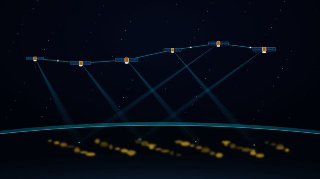 Satellite Telecommunication Constellation orbiting dark Earth with cross-link laser communication rays