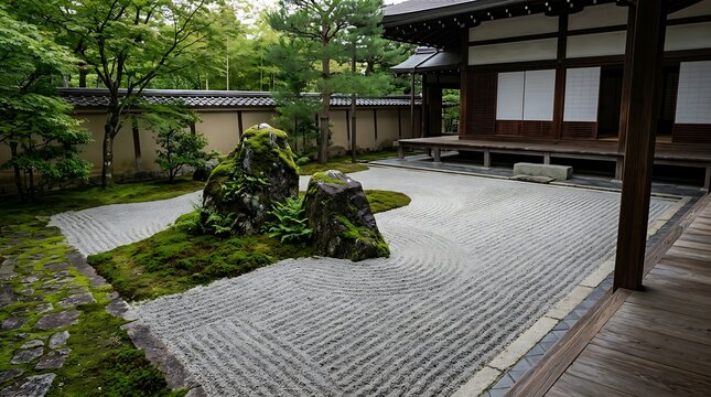 Stunning traditional Japanese zen garden featuring raked white gravel, lush mossy rocks, ancient architecture, and tranquil greenery for meditation.