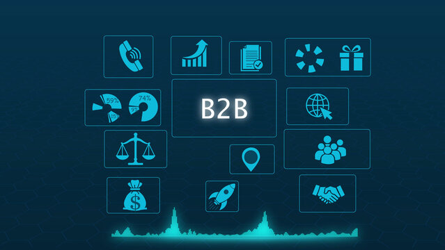 Digital b2 b business concept interface with glowing blue representing communication, finance, growth, and data analytics on a dark background, for corporate strategy, and management presentations