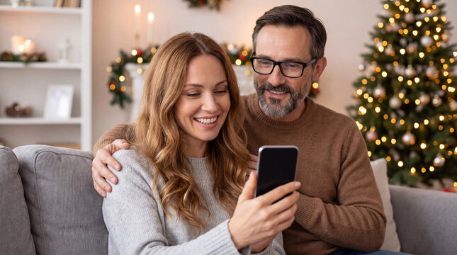 Couple sitting on a couch, smiling while looking at a smartphone in a cozy living room decorated for Christmas