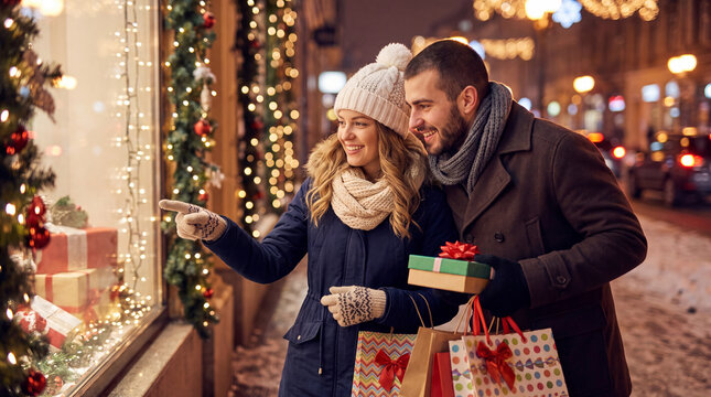 Couple admiring Christmas window display while holding shopping bags and gifts in a festive urban setting with holiday lights