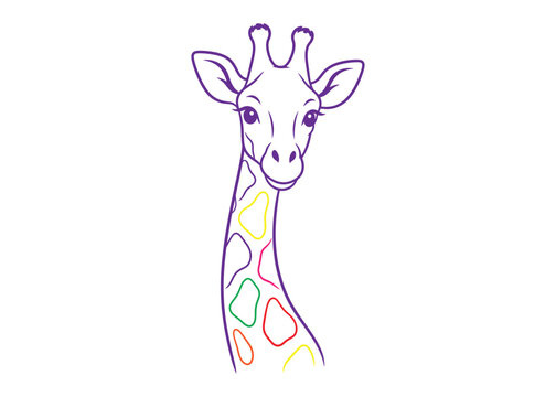 Minimalist outline drawing of a giraffe head and long neck with wildlife
