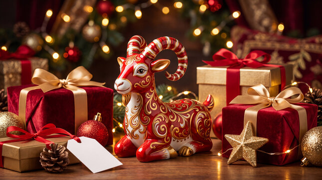 Decorative red and gold ceramic goat figurine surrounded by Christmas gifts and ornaments on a wooden table with festive lighting