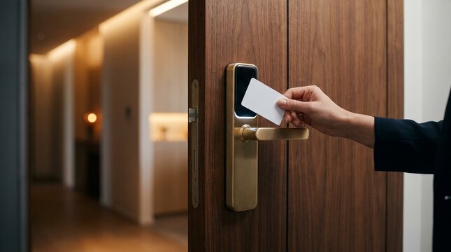 Woman Unlocking Door with Keycard Access Control