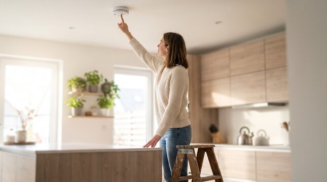 Woman Testing Ceiling Smoke Alarm at Home