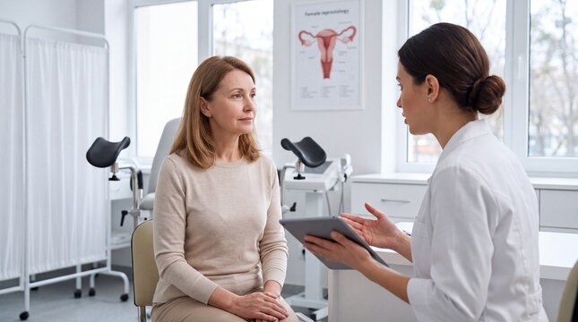 Female doctor discusses health concerns with middle-aged patient in a modern gynecological clinic with medical equipment visible
