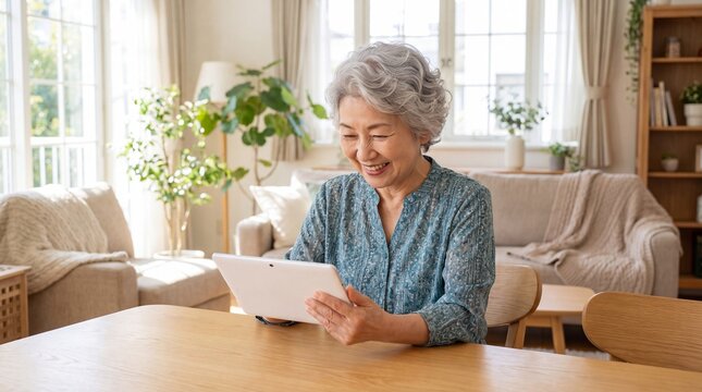 Elderly Asian woman using tablet while sitting at a wooden table in a bright, cozy living room with plants and soft furnishings