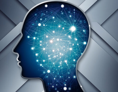 Conceptual human head silhouette filled with abstract elements, representing intelligence, creativity, thought, identity, consciousness and the complexity of the human mind.
