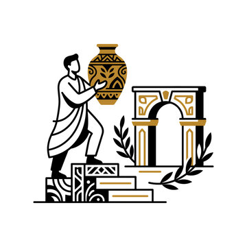 Ancient Greek or Roman Archeology Illustration with Man Holding Ornate Amphora Vase Near Classical Arch