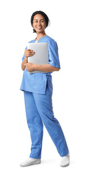 Female African-American medical student with laptop on white background