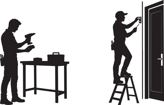 Person installing security device on door while homeowner prepares tools for home maintenance silhouette illustration