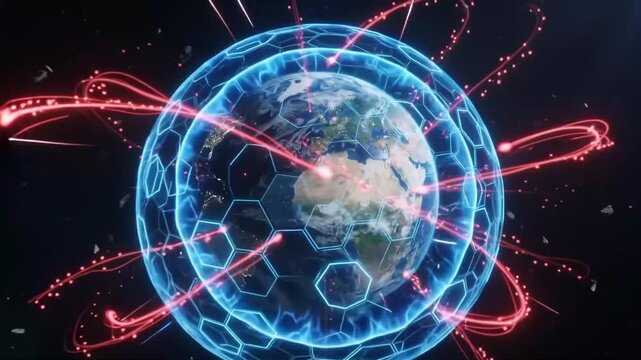 Digital hexagonal shield grid protecting holographic earth for global cyber defense concept, generative AI