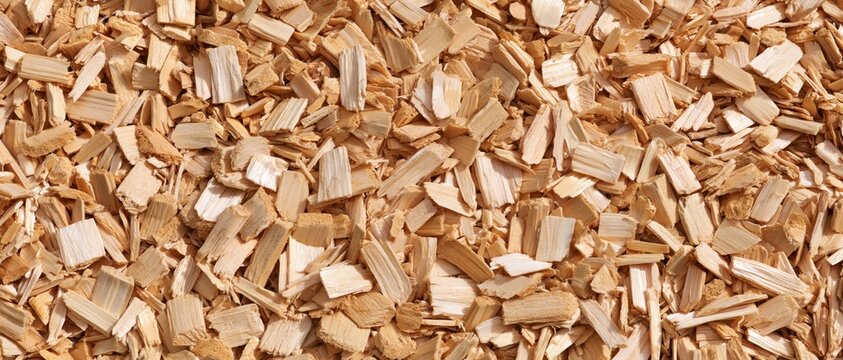 Close range pile of wood chips under soft daylight