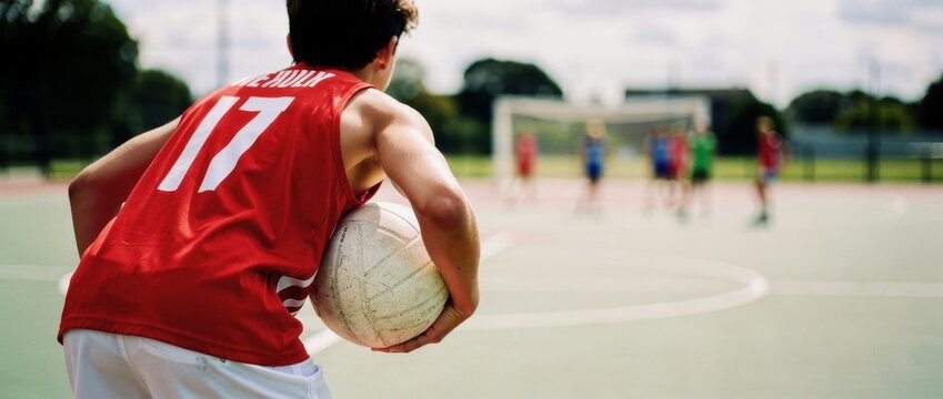 Young athlete in red jersey holding ball on outdoor sports court during game. Players and goal post blurred in background under daylight. Youth sports concept, ideal for athletics marketing.