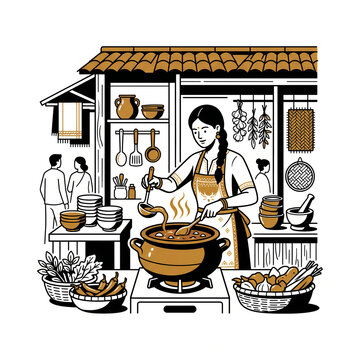 Traditional Asian Street Food Kitchen Illustration with Woman Cooking Soup in Clay Pot at Local Market Stall