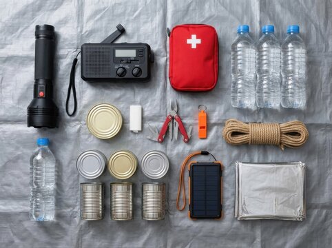 Disaster preparedness survival kit with printed emergency plan on grey mat