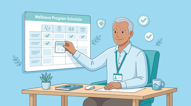 Senior Man Planning Wellness Program Schedule at Desk