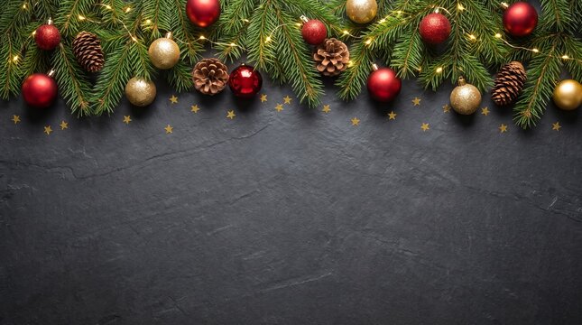 Pine branches with ornaments and lights on a dark stone background with star confetti with decorated red gold