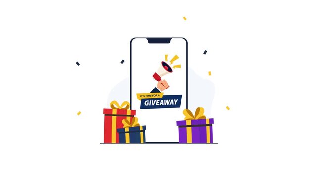 Animated Smartphone Displaying Giveaway Announcement with Gift Boxes