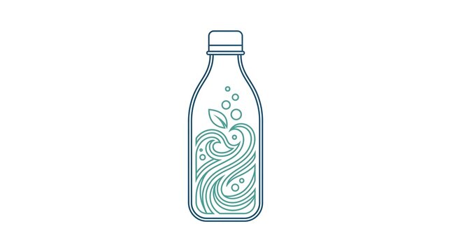 Minimalist vector line art illustration of a water bottle filled with swirling ocean waves, bubbles, and a small leaf, symbolizing fresh, pure, and eco-friendly natural mineral spring water,