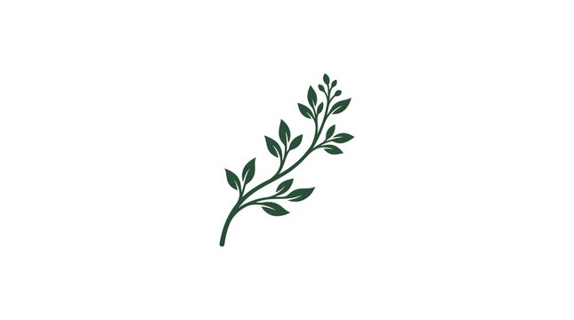 Elegantly curved green branch with delicate leaves and small buds, designed in a clean, minimalist vector style on a solid white background