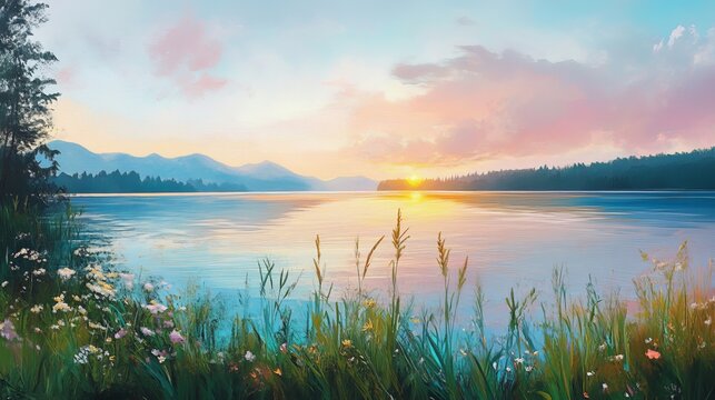 Gentle sunrise reflects upon still water, showcasing calm mountain peaks, ideal concept for serenity and peaceful moments