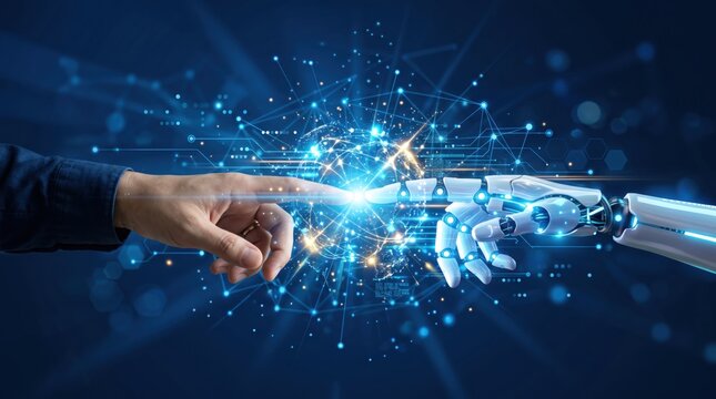 Human hand reaching towards robotic hand with glowing digital network, artificial intelligence concept, future technology, human robot interaction, machine learning, automation era