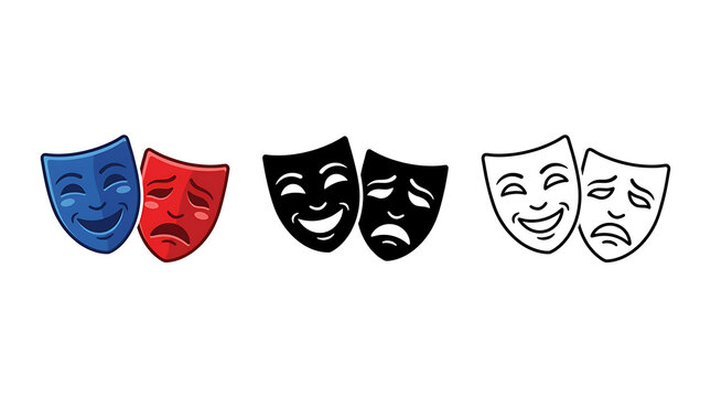 Set of theatrical comedy and tragedy masks in color, silhouette, and line art