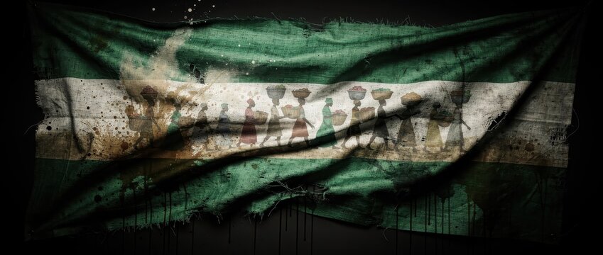African women carry baskets on a distressed green flag. Folk art painting shows silhouettes on worn cloth. Heritage concept for ethnic and cultural designs.