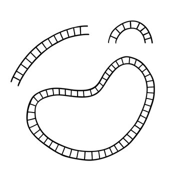 Hand drawn curved train tracks with winding rails and separate arched sections. Simple black line railway illustration isolated on white, suitable for kids designs, transportation themes, games and cr