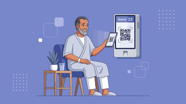 Patient Scans QR Code on Digital Screen in Waiting Room