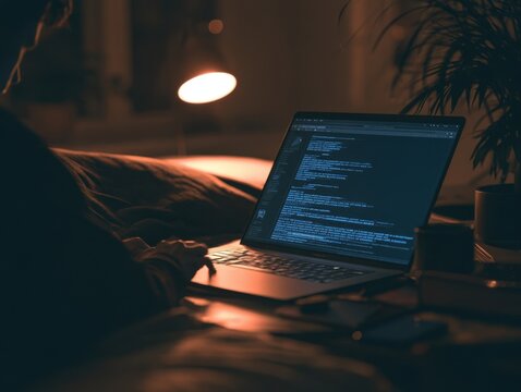 developer working on laptop computer late at night coding software program on screen in dark home office room with warm cozy lighting and green houseplant on wooden desk table background