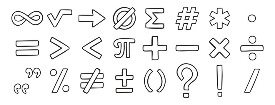 math symbols doodle hand drawn icon set. Outline drawing line clipart symbol collection