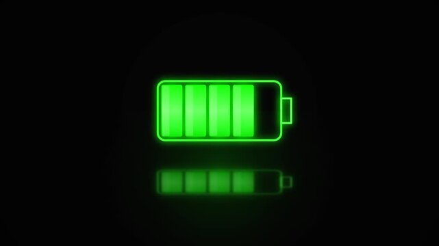 Green neon battery charging animation with glowing battery level indicator on dark background