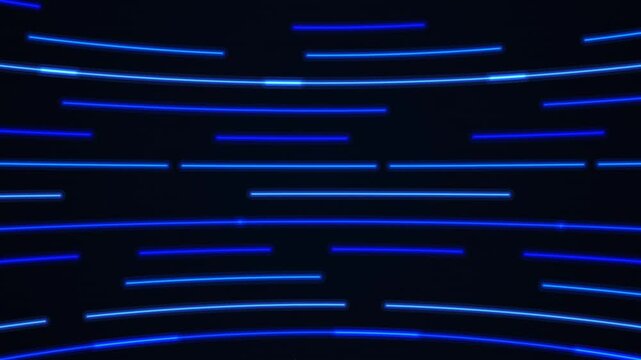Blue neon lights horizontal lines moving animation. Glowing neon line background. Seamless loop animation.