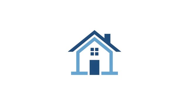 Minimalist real estate logo design featuring a blue house icon with a chimney and window on a isolated white background