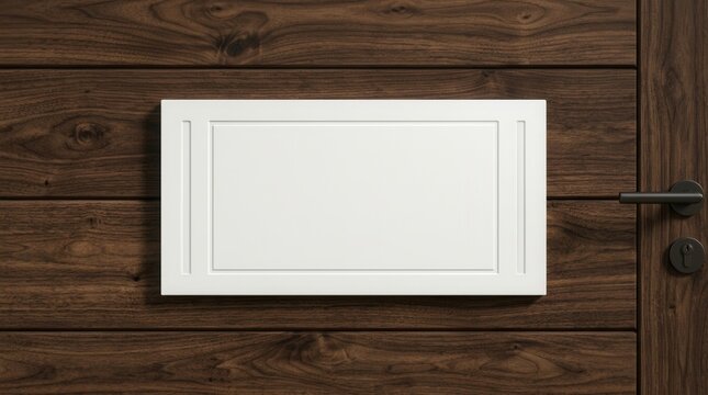 Wooden office entrance door featuring a white empty nameplate for mock up