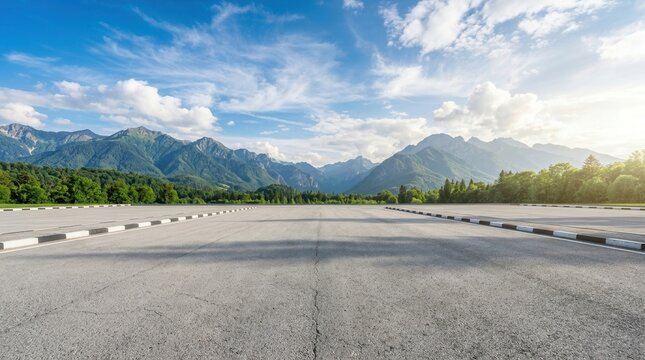 Blue sky over a green forest and mountain natural landscape featuring an asphalt road square