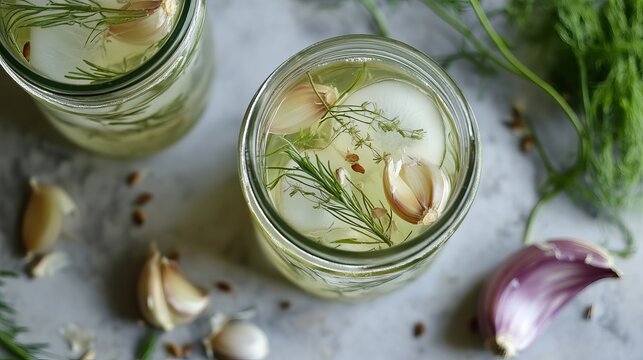 Pickled garlic in clear glass jars, fresh dill sprigs surrounding, representing culinary delights and home preservation