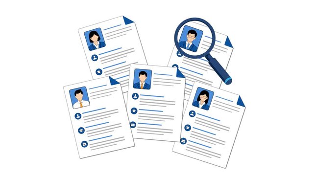 Flat 2D vector animation showing multiple candidate resumes with a magnifying glass, representing recruitment, applicant screening, hiring, and career selection, alpha channel transparent background 