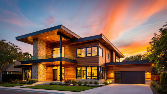 Modern luxury house with wood and stone facade exterior at golden hour with sunset sky, real estate