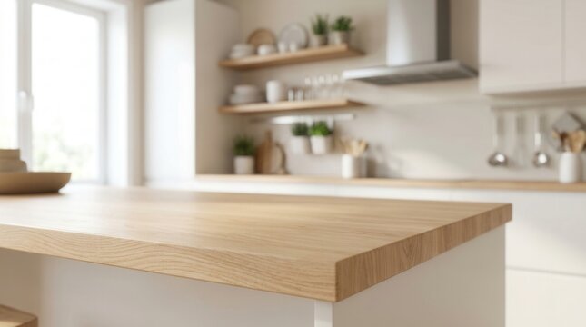 Empty light wood kitchen counter top set against a blurred modern kitchen backdrop.