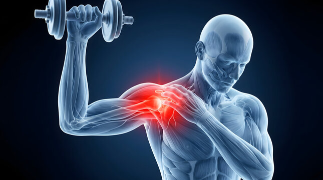 3D Illustration of Muscular Man with Shoulder Injury from Weightlifting